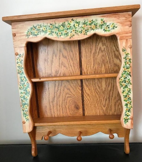 Hand Painted oak shelf with peg hooks, Solid wood