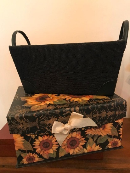 Lot of 2 - Sunflower Storage Box and Black Canvas Basket