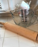 Pyrex Glass 8 cup Measuring Cup and Wooden Signed Rolling Pin