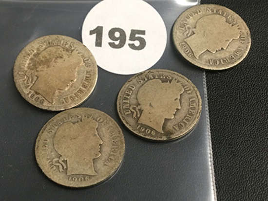 Lot of 4 1906, 1906-O, 1906-S, 1906-D Liberty Dimes