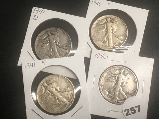 4 Walking Liberty Half 1940, 40-S,41-D,41-S