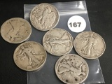 Lot of 6 Walking Liberty Half Dollars