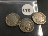 Lot of 3 1915-D, 1919-D, 1924-D Buffalo Nickels