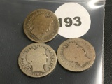 Lot of 3 1902, 1902-O, 1902-S Liberty Dimes