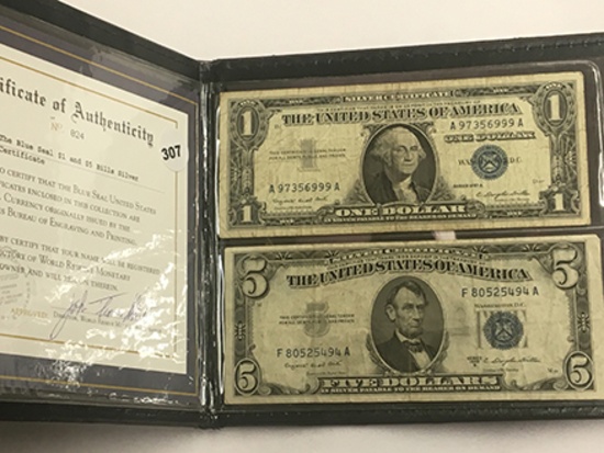 Blue Seal $1 & $5 Bills Silver Certificates