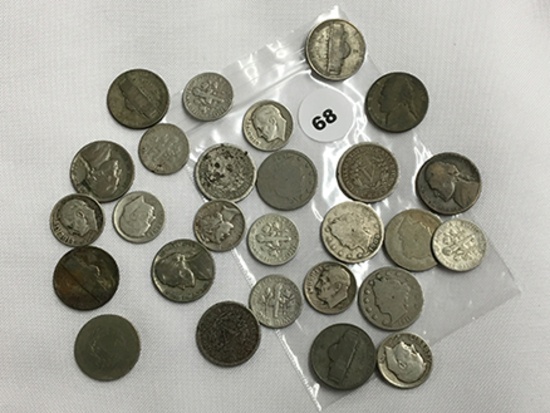 Lot of 8 War Nickels, 11 Silver Dimes, 8 V-Nickels
