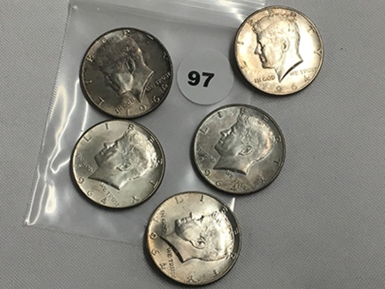 Lot of 5 1964 Silver Half Dollars