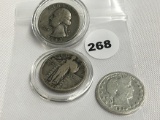 3 Silver Quarters, 1899 Barber, 1928 Standing Liberty & 1943 Washington