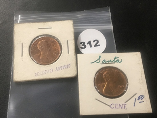 2 Lincoln cent stamped (1) Santa (1) Jimmy Carter