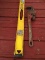 Folding saw horses, level and pipe wrench