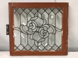 PICK UP ONLY -  Leaded glass window, 21 in x 19 1/4 in outside frame, one crack