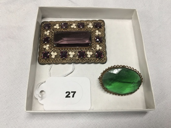 Purple Filigree Brooch and Green Glass Oval Brooch