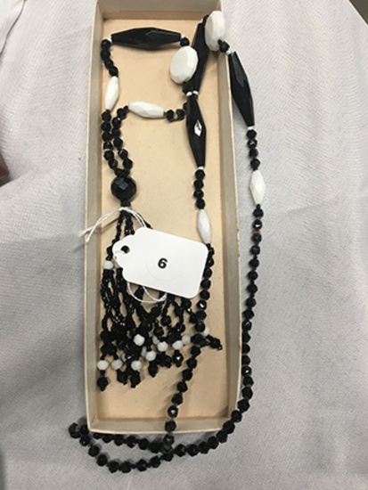 Black and White Glass Bead Necklace, 30 in long with 4 in tassell