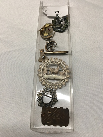 Lot of Pins: Rydand Deer, 2 Crescent moons, Carry a Nation Hatchet, Peru Pin, Filigree with Faux Pea