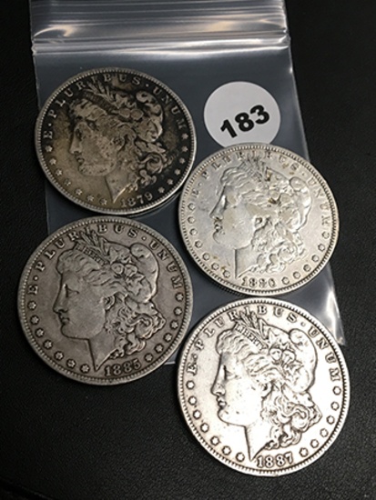 Lot of 4 1879, 80,85, 87 Morgan Dollars