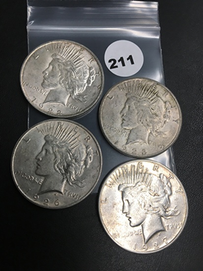 Lot of 4 1922-D, 23-S, 26-D, 27-S Peace Dollars