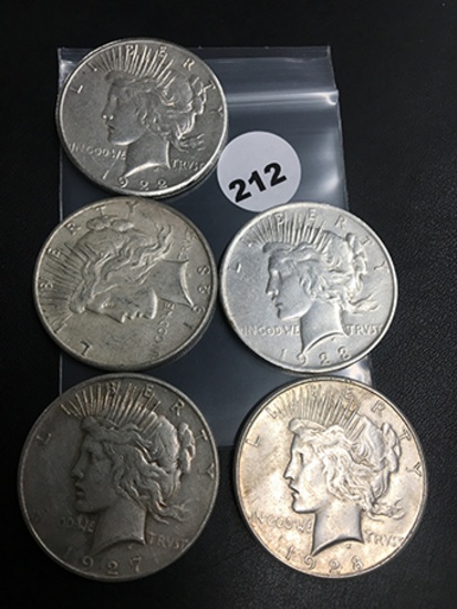 Lot of 5 1922-S, 23-S, 23, 27-S, 28-S Peace Dollars