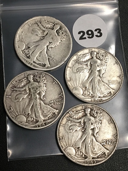 (4) 1918, 42, 43-D, 40-S Walking Liberty Half Dollars