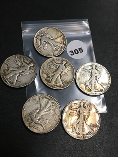 Lot of 6 1941-S, 42-S, 43-S, 44-D, 45, 47 Walking Liberty Half Dollars