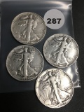 (4) 1937, 38, 39-D, 40-S Walking Liberty Half Dollars