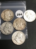 (5) 1953-D, 58-D, 60-D, 63-D, 63-D Franklin Half Dollars