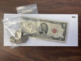 (2) Silver Washington Quarters, Jefferson $2 Bill, and Nickels