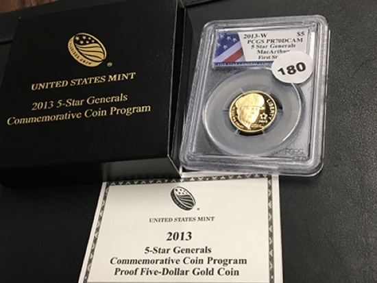 2013-W $5 Gold 5 Star Generals Comm. PCGS PR70DCAM, MacArthur, First Strike