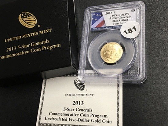 2013-P $5 Gold 5 Star Generals Comm. PCGS MS70, MacArthur, Frist Strike