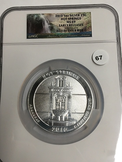 2010 5oz Silver, Hot Springs, NGC MS69 Early Releases