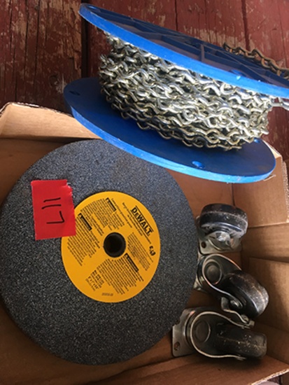 New Dewalt Grinding Wheel, Roll of Chain & 3 small Caster