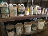 Assorted Partial Buckets and Jugs of oils, fluids, chemicals, etc.