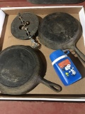 2 Castiron Skillets, Damper, & Snoopy Thermos