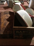 Crate, Enamelware, & Wooden Carved Pail