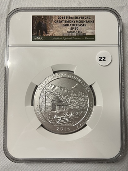 2014-P 5oz Silver 25C Great Smoky Mountains Early Releases NGC SP70