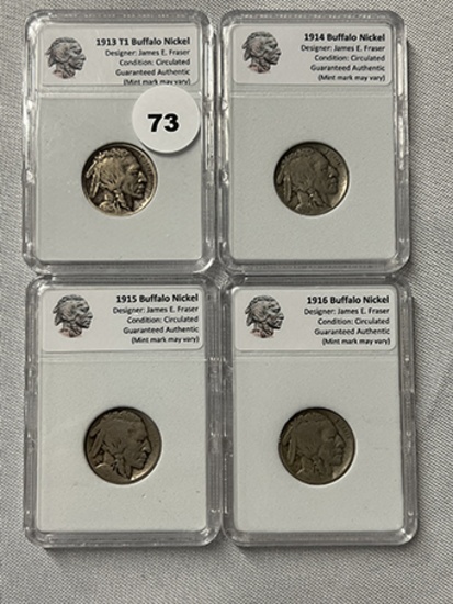 1913, 14, 15 & 16 Buffalo Nickels