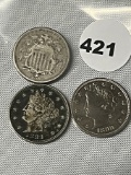 1868 Shield Nickel, 1883 & 1898 V Nickels