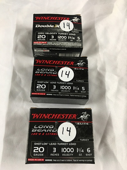 9 rds Winchester Double X 20ga, 3in 5 shot, 13 rds Winchester Long Beard 20ga, 3in 5 shot (NO SHIP)