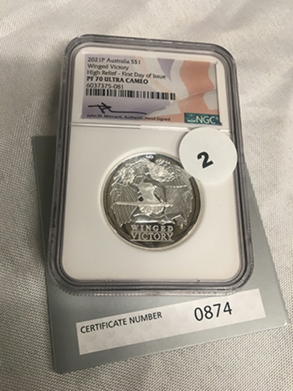 2021-P Australia $1 Winged Victory, High Relief, First Day of Issue, PF70 Ultra Cameo, 874 of 3000