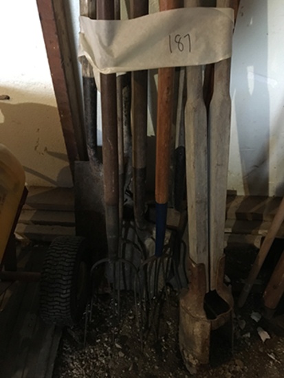 Pitch forks, post jobbers, shovels