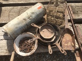 Mail Box, Cast Iron Skillets, Bird Cage & Misc