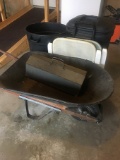 Wheelbarrow, tool box, trash cans & lawn chairs