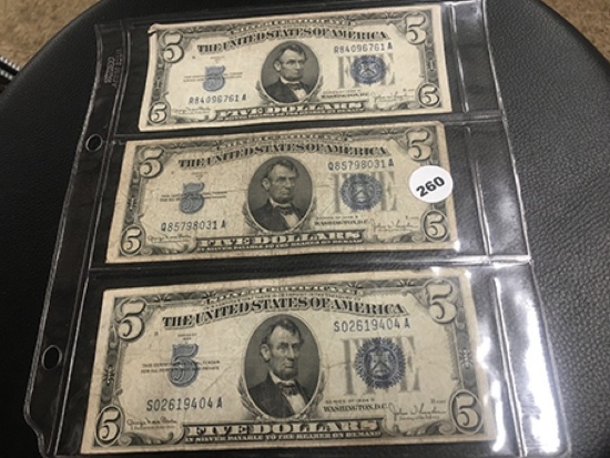 Lot of 3 1934-D Five Dollar Silver Certificates