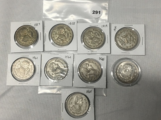 Lot of 9 1957, 58, 59, 60, 61,62, 63 64, 65 Mexican UN Peso's