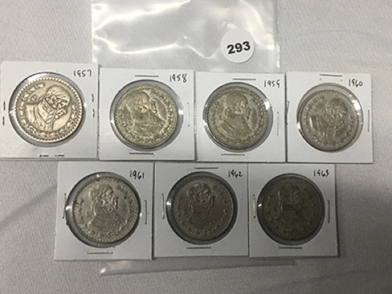 Lot of 7 1957, 58, 59, 60, 61, 62, 63 Mexican UN Peso's