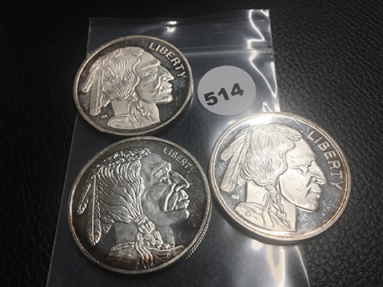 Lot of 3 One Troy ounce Silver Buffalo