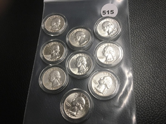 Lot of 9 UNC 1950's 60's Silver Quarters