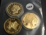 (2) Gold Colored Coin Copies & Texas Medal