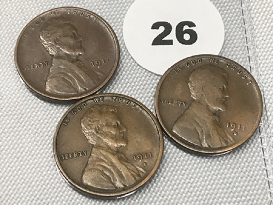 1911, 1911-D, 1911-S Lincoln Cents