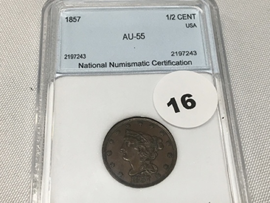 1857 Half Cent NNC AU-55