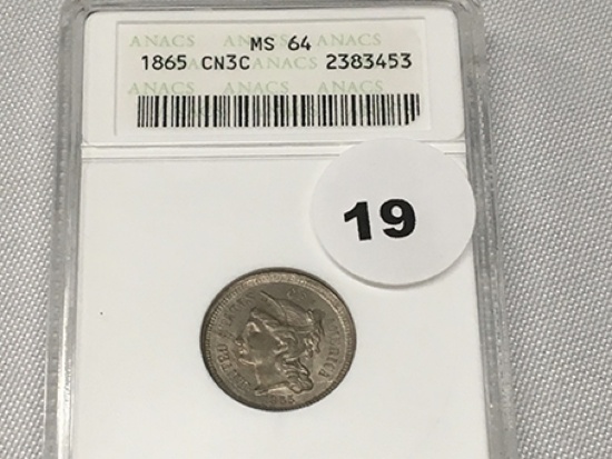 1865 3 Cent Nickel ANACS MS64